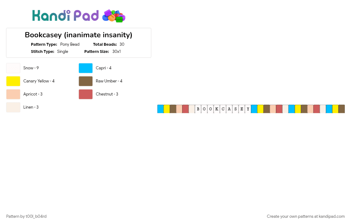 Bookcasey (inanimate insanity) - Pony Bead Pattern by t00l_b04rd on Kandi Pad - animation, bracelet, character, ii, inanimate insanity, light blue, osc, single bracelet, tan, tv show, yellow