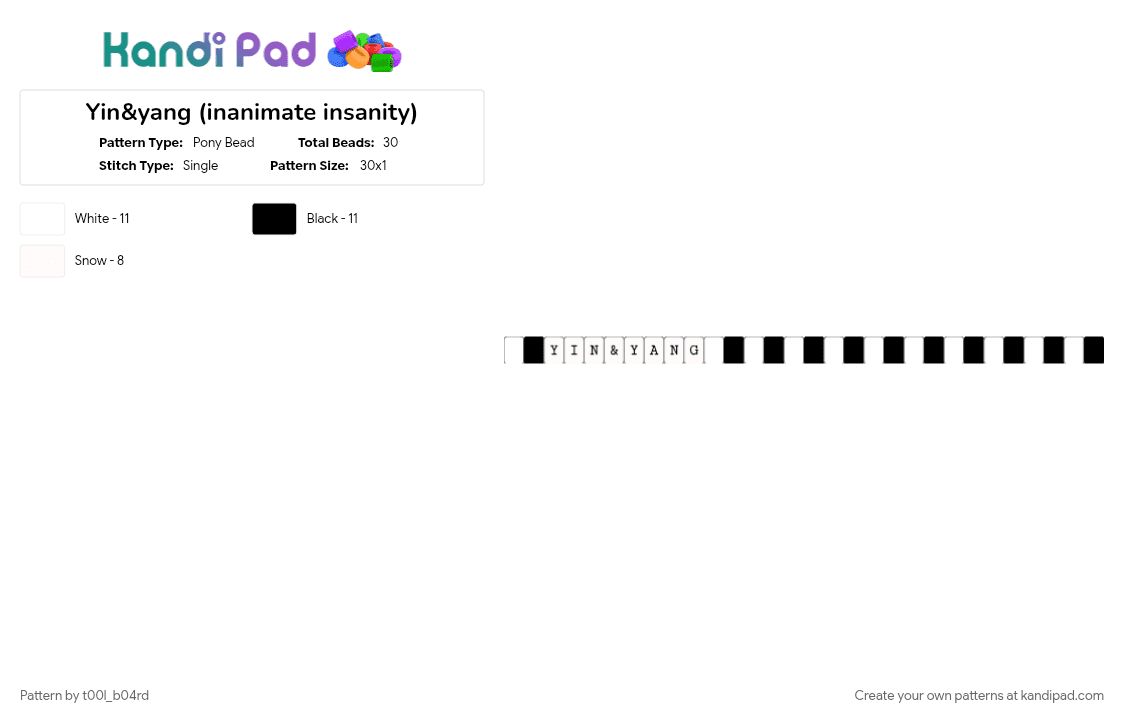 Yin&yang (inanimate insanity) - Pony Bead Pattern by t00l_b04rd on Kandi Pad - black, bracelet, character, character themed, ii, inanimate insanity, single bracelet, tv show, white, yin yang