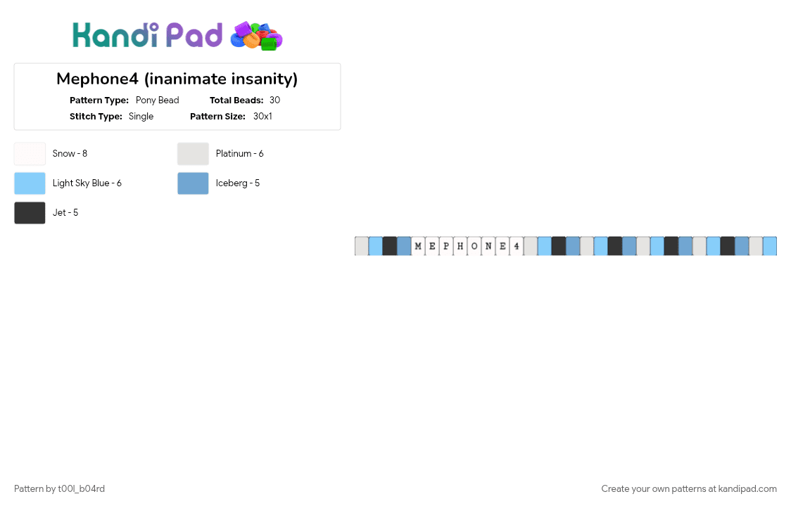 Mephone4 (inanimate insanity) - Pony Bead Pattern by t00l_b04rd on Kandi Pad - animation, character, character themed, ii mephone4, inanimate insanity, light blue, meeple, osc, tv show, white