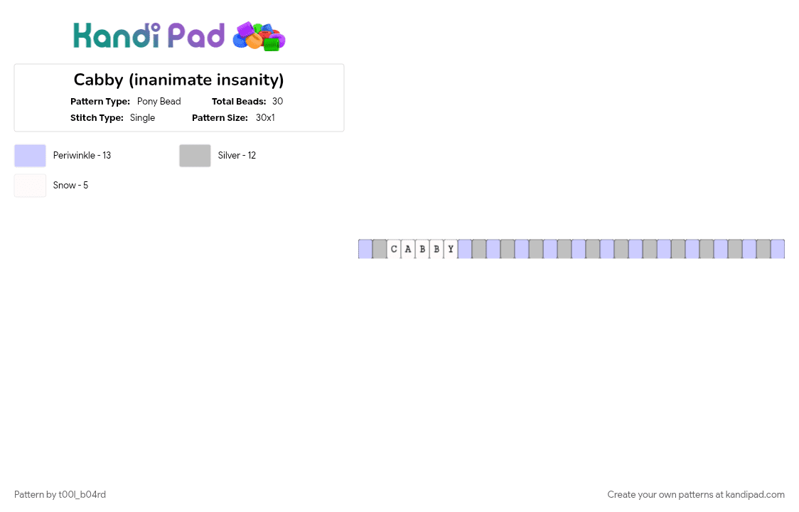 Cabby (inanimate insanity) - Pony Bead Pattern by t00l_b04rd on Kandi Pad - animation, beige, bracelet, cabby, character, ii cabby, osc, pink, single, tv show
