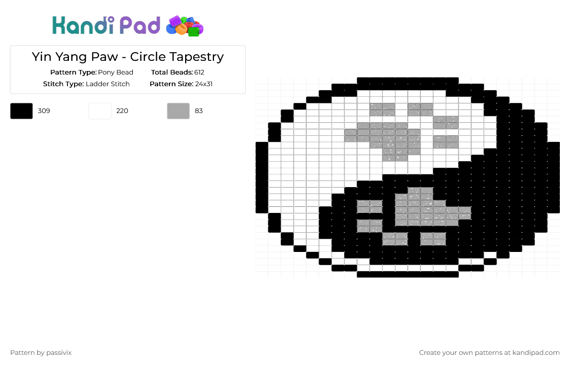 Yin Yang Paw - Circle Tapestry - Pony Bead Pattern by passivix on Kandi Pad - beige, white