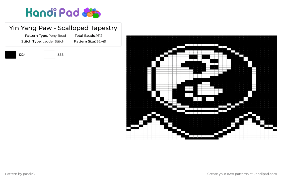 Yin Yang Paw - Scalloped Tapestry - Pony Bead Pattern by passivix on Kandi Pad - black