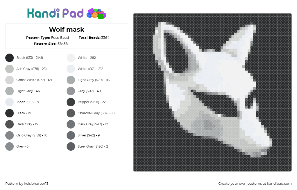 Wolf mask - Fuse Bead Pattern by kelsieharper13 on Kandi Pad - wolf,lun,mask,dj,helmet,animal,white,black