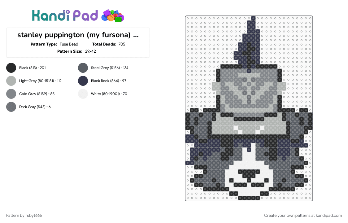 stanley puppington (my fursona) perler!!! - Fuse Bead Pattern by rubyt666 on Kandi Pad - black, border collie, dog, furry, fursona, gray, grey, white