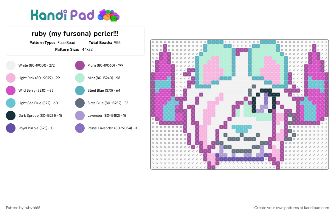 ruby (my fursona) perler!!! - Fuse Bead Pattern by rubyt666 on Kandi Pad - badger, blue, furry, fursona, light blue, light pink, pink, purple