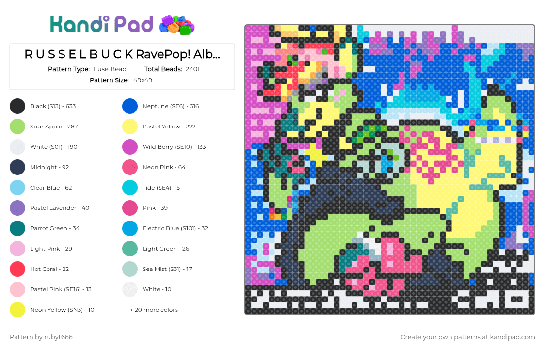 R U S S E L B U C K RavePop! Album cover perler! - Fuse Bead Pattern by rubyt666 on Kandi Pad - blue, colorful, deer, dog, furry, green, music, pink, russelbuck, yellow