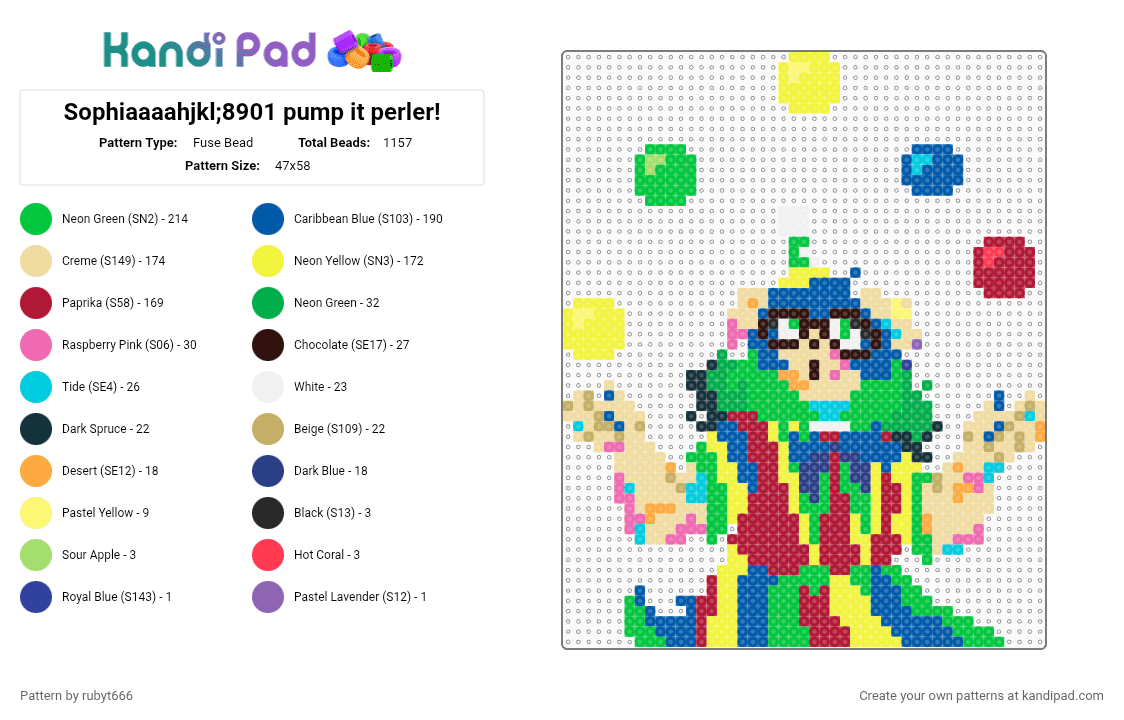 Sophiaaaahjkl;8901 pump it perler! - Fuse Bead Pattern by rubyt666 on Kandi Pad - beige, blue, clowncore, colorful, dalmatian, furry, green, music, sophiaaaa, yellow