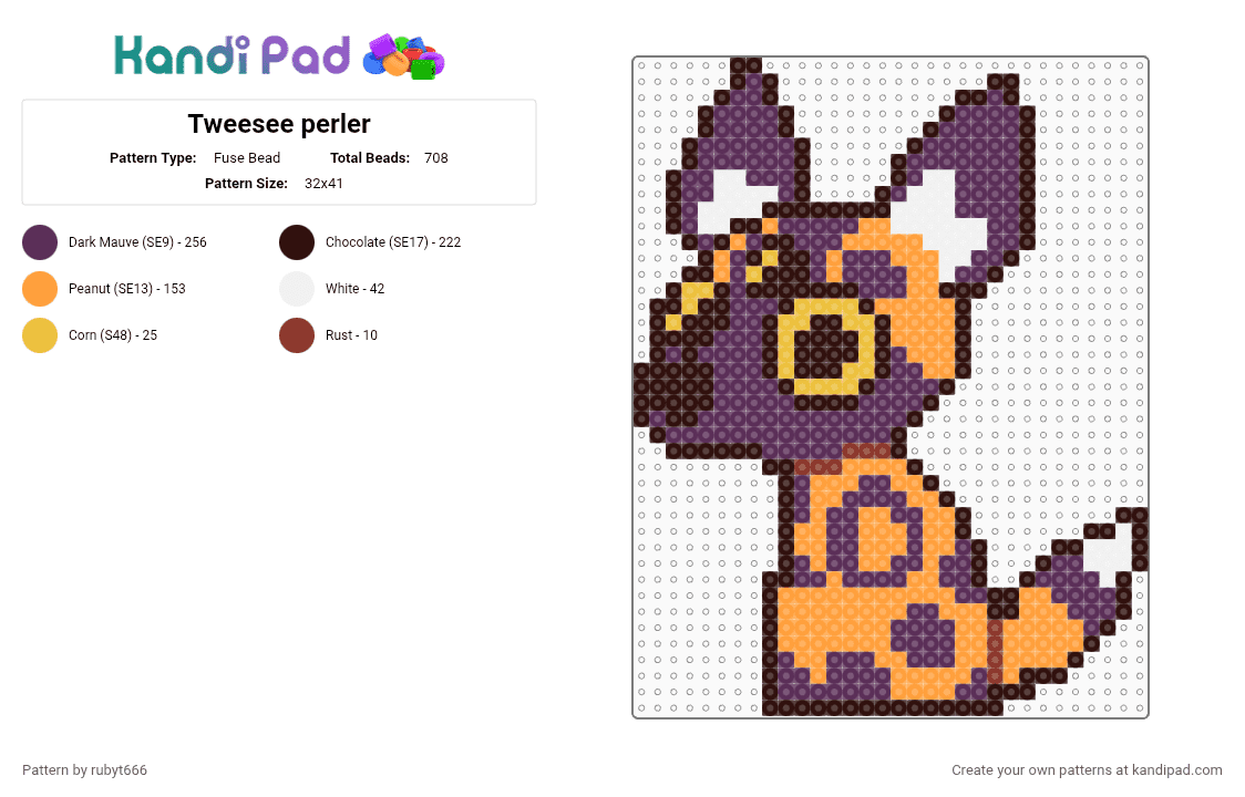 Tweesee perler - Fuse Bead Pattern by rubyt666 on Kandi Pad - brown, lapfox, orange, pink, tweesee, yellow