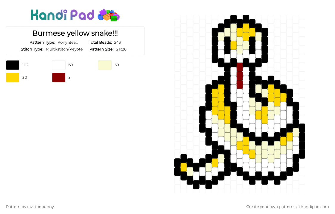 Burmese yellow snake!!! - Pony Bead Pattern by raz_thebunny on Kandi Pad - white, yellow