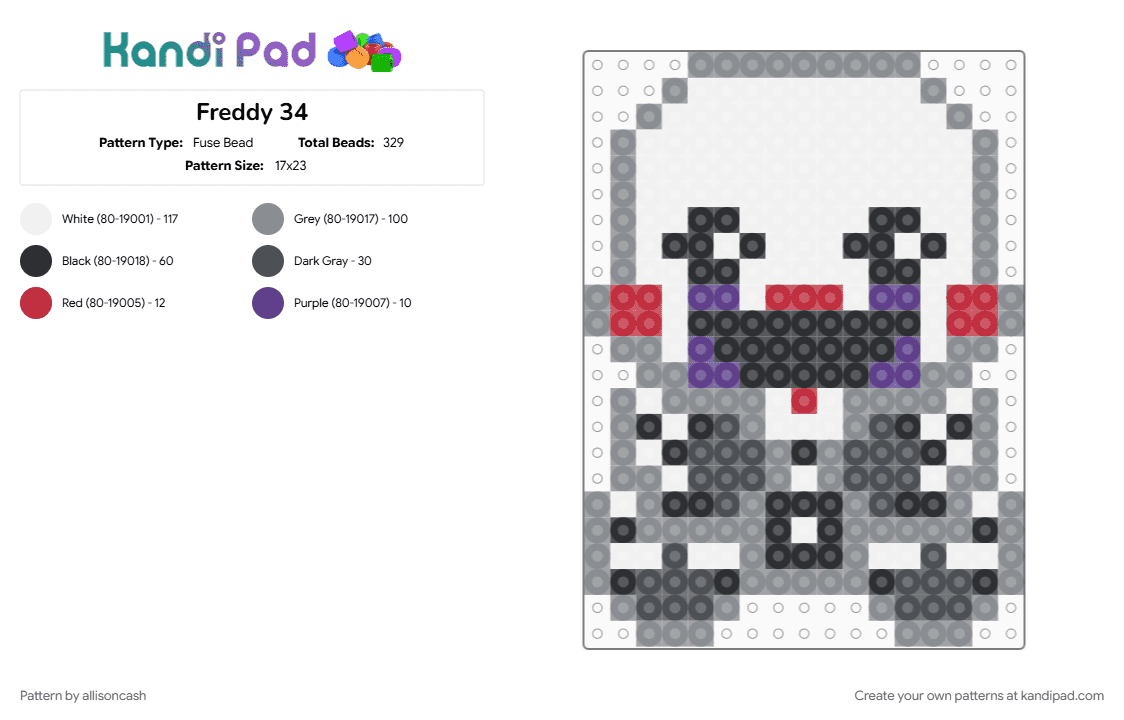 Freddy 33 - Fuse Bead Pattern by allisoncash on Kandi Pad - gray