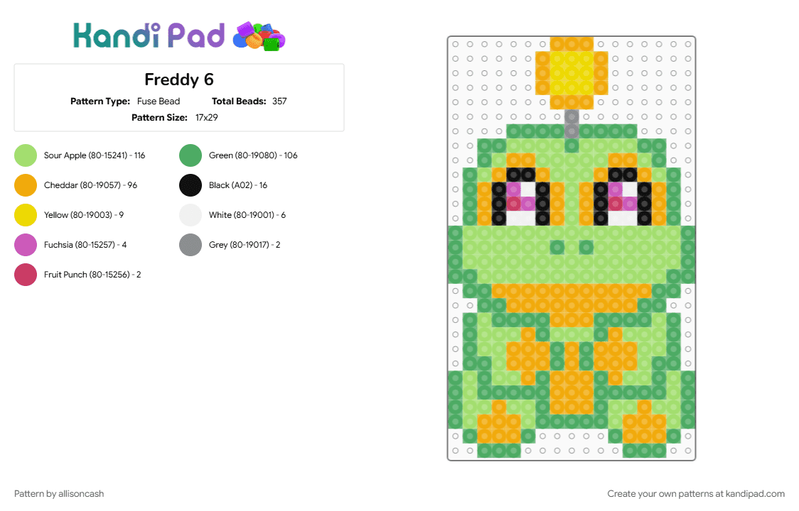 Freddy 6 - Fuse Bead Pattern by allisoncash on Kandi Pad - green, yellow
