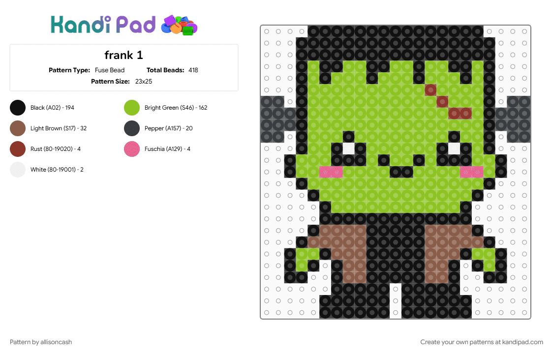 frank 1 - Fuse Bead Pattern by allisoncash on Kandi Pad - black, frankenstein, green, halloween, monster
