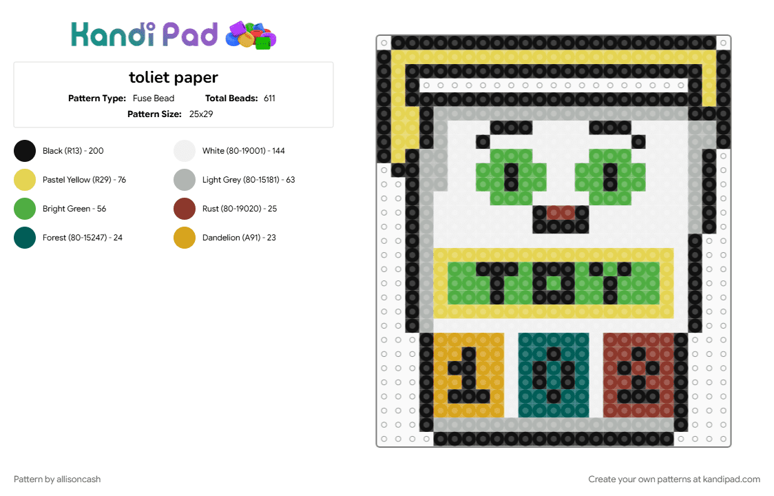 toliet paper - Fuse Bead Pattern by allisoncash on Kandi Pad - beige, green, yellow
