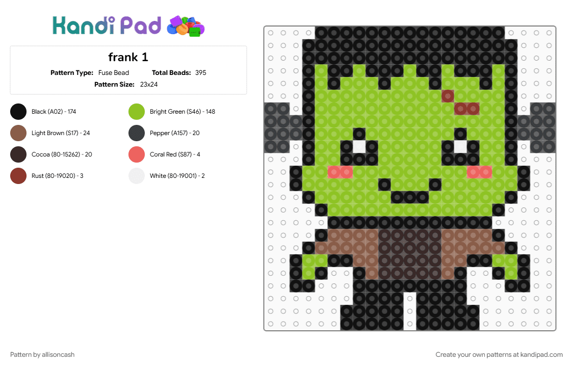 frank 1 - Fuse Bead Pattern by allisoncash on Kandi Pad - black, frankenstein, green, halloween, monster