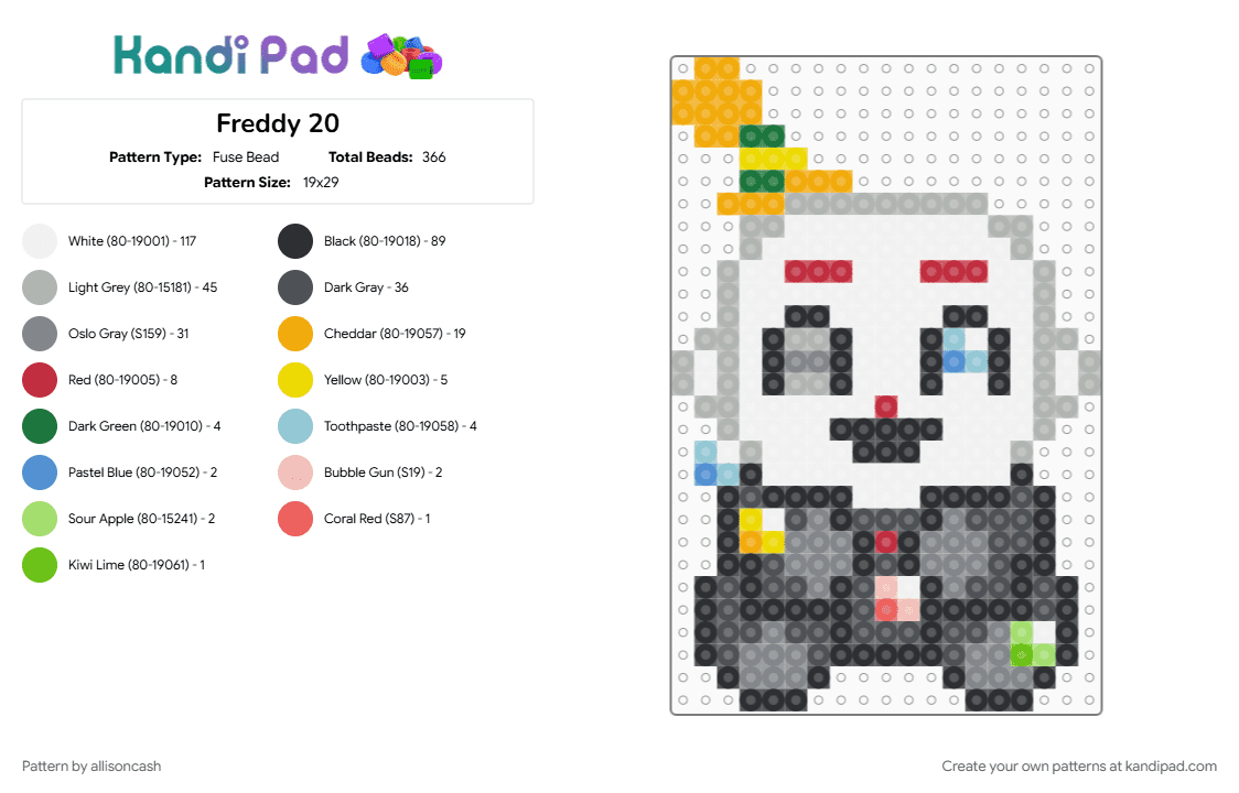 Freddy 20 - Fuse Bead Pattern by allisoncash on Kandi Pad - beige, gray, white