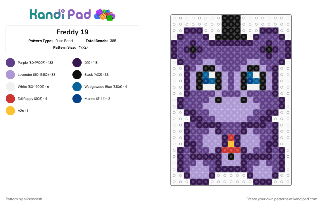 Freddy 19 - Fuse Bead Pattern by allisoncash on Kandi Pad - pink, purple