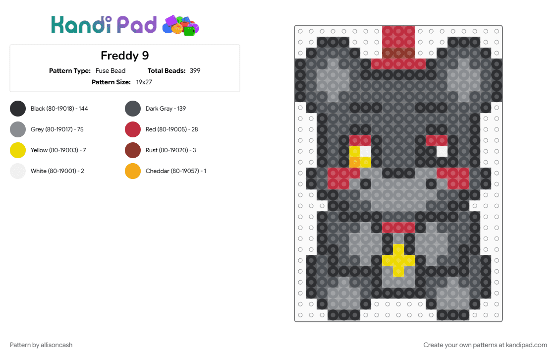 Freddy 9 - Fuse Bead Pattern by allisoncash on Kandi Pad - gray