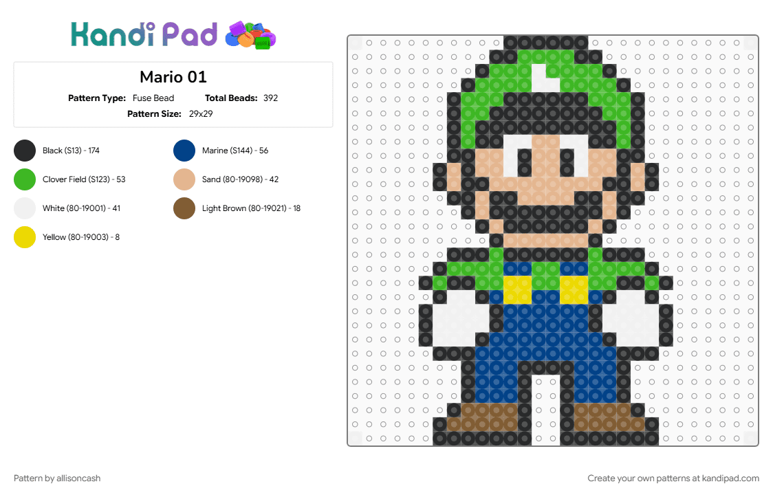 Mario 01 - Fuse Bead Pattern by allisoncash on Kandi Pad - beige, black, blue, green