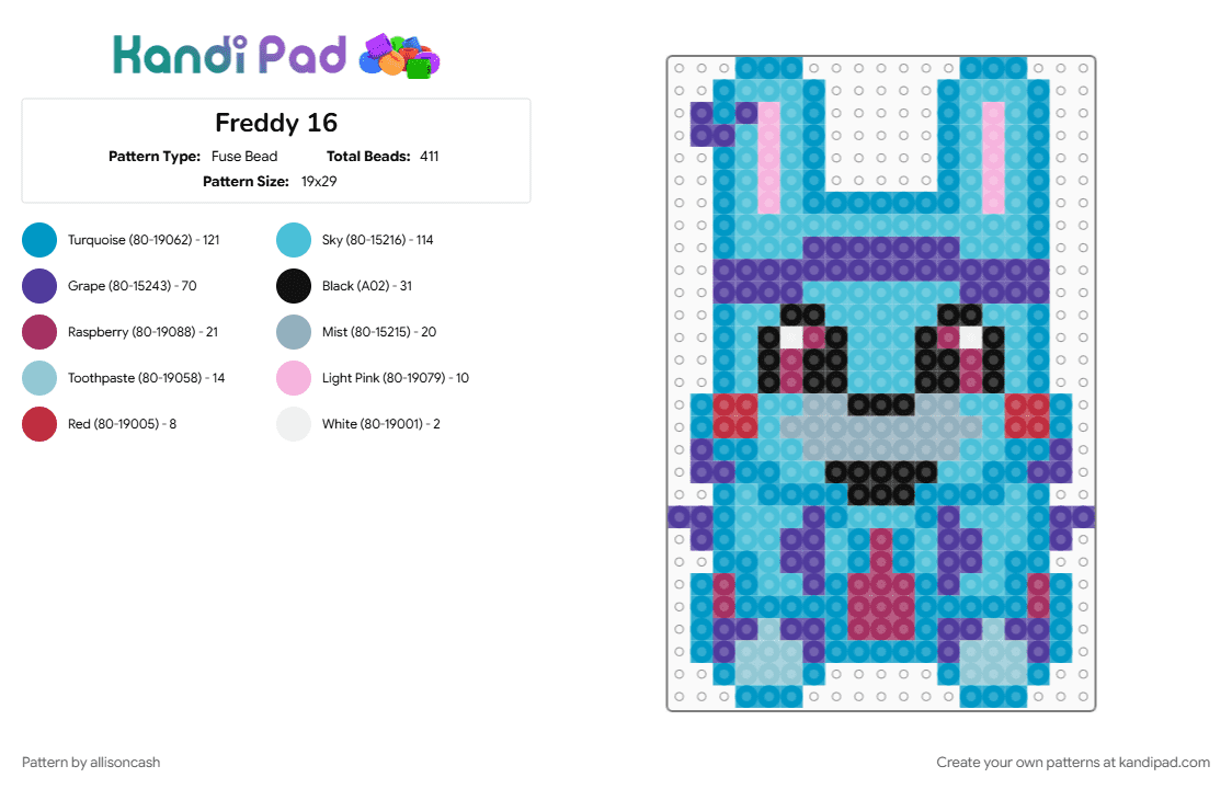 Freddy 16 - Fuse Bead Pattern by allisoncash on Kandi Pad - 
