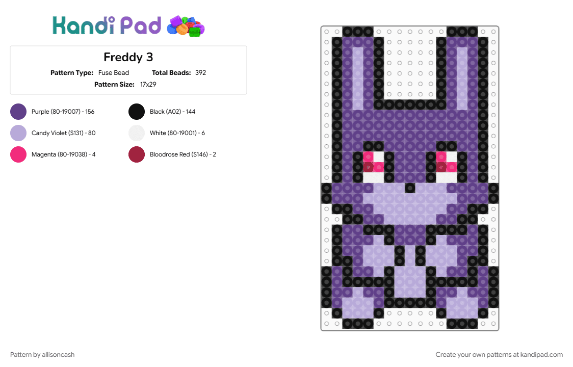 Freddy 3 - Fuse Bead Pattern by allisoncash on Kandi Pad - pink, purple