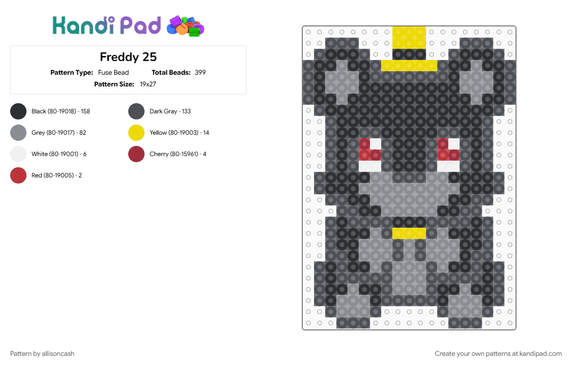 Freddy 25 - Fuse Bead Pattern by allisoncash on Kandi Pad - gray