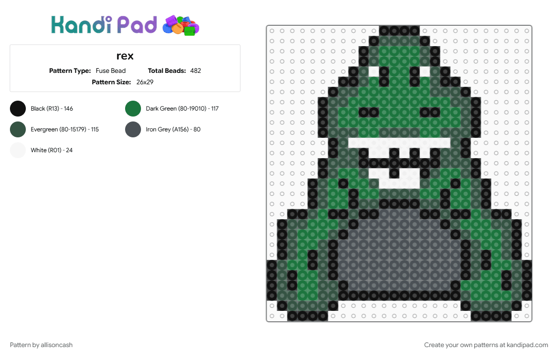 rex - Fuse Bead Pattern by allisoncash on Kandi Pad - gray, green