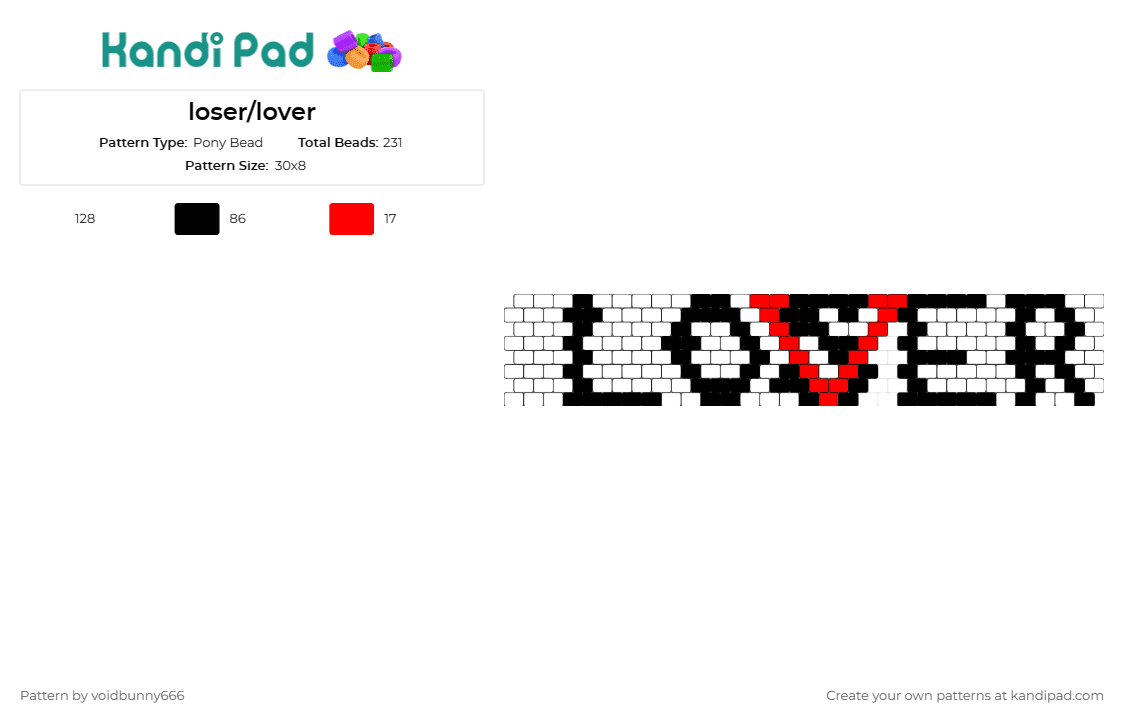 loser/lover - Pony Bead Pattern by voidbunny666 on Kandi Pad - lover,loser,it,text,movie,cuff,black,red,white
