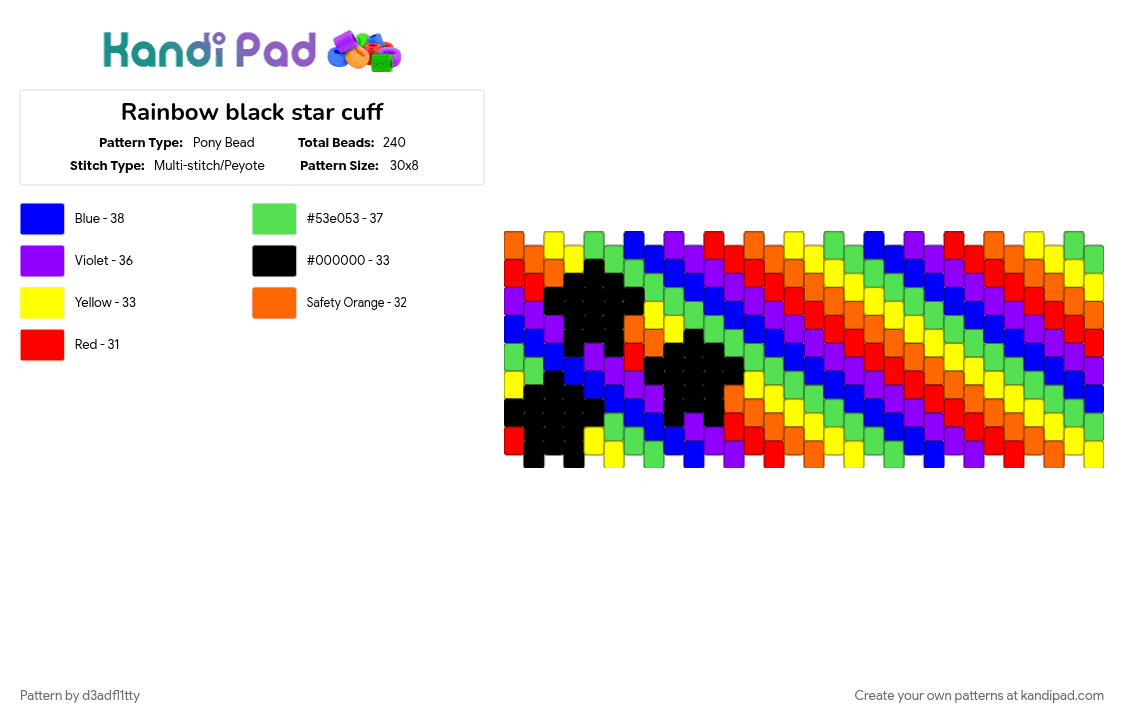 Rainbow black star cuff - Pony Bead Pattern by d3adfl1tty on Kandi Pad - purple