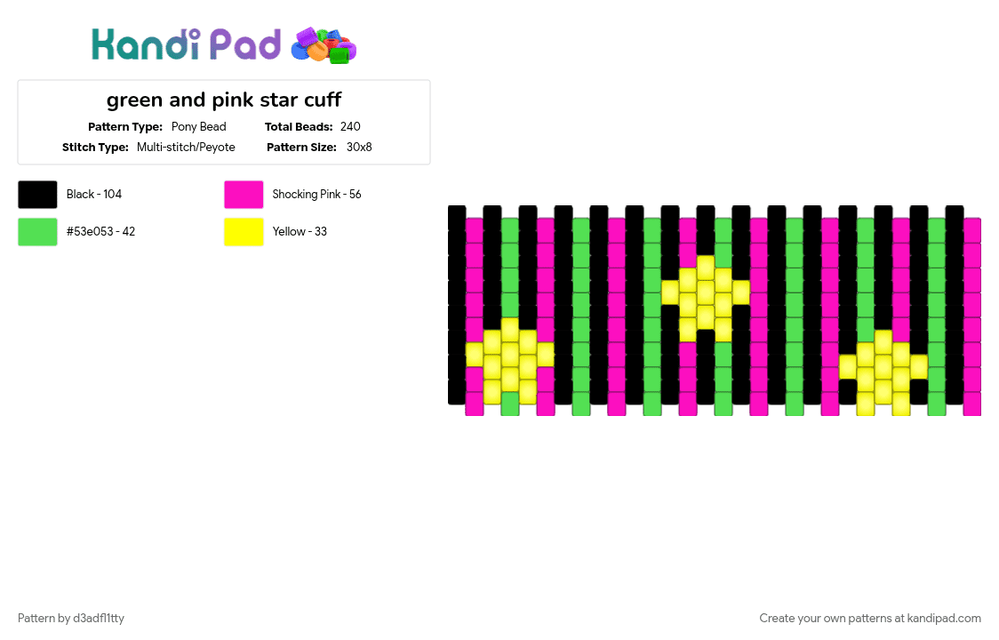 green and pink star cuff - Pony Bead Pattern by d3adfl1tty on Kandi Pad - green, pink