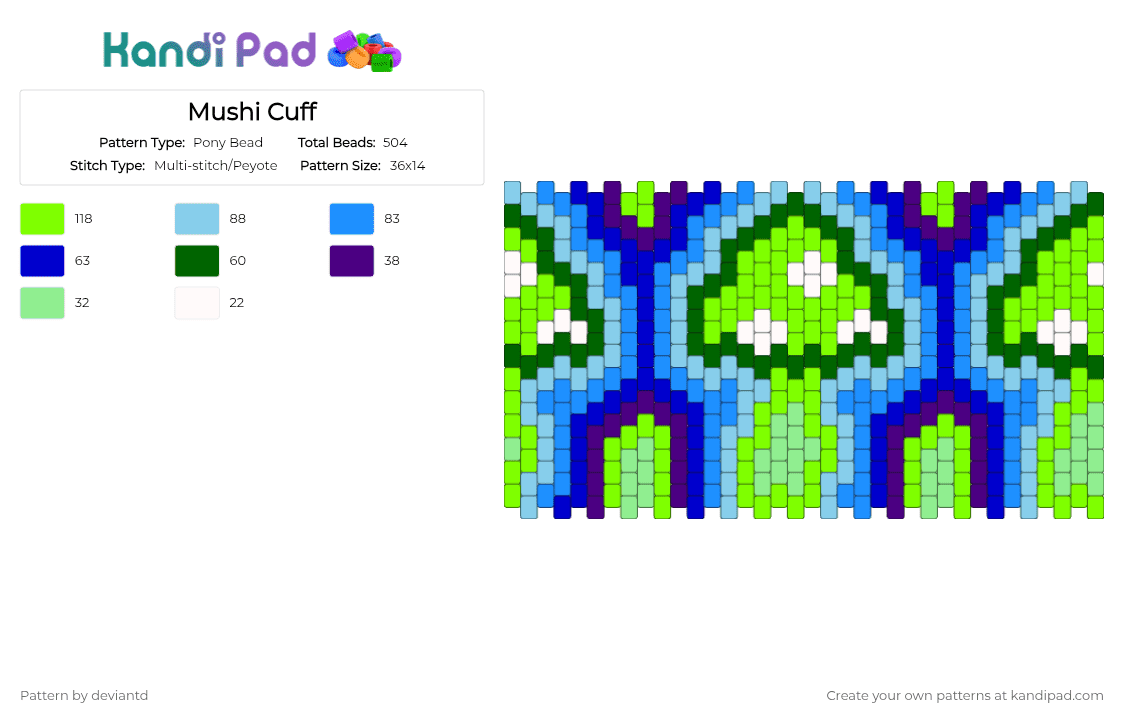 Mushi Cuff - Pony Bead Pattern by deviantd on Kandi Pad - green,light blue