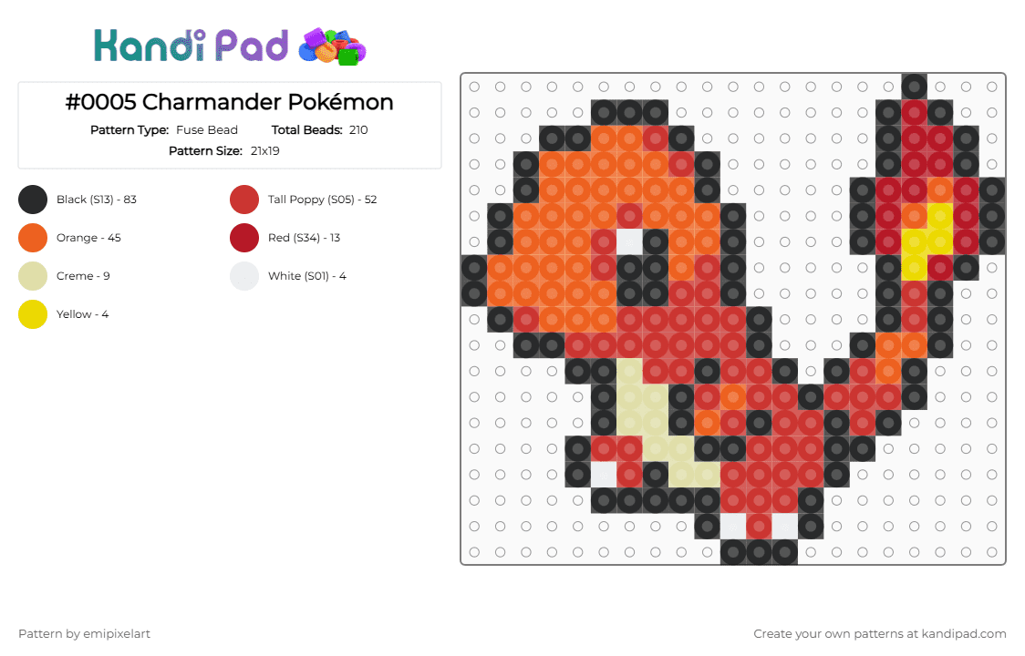 #0005 Charmander Pokémon - Fuse Bead Pattern by emipixelart on Kandi Pad - orange, red