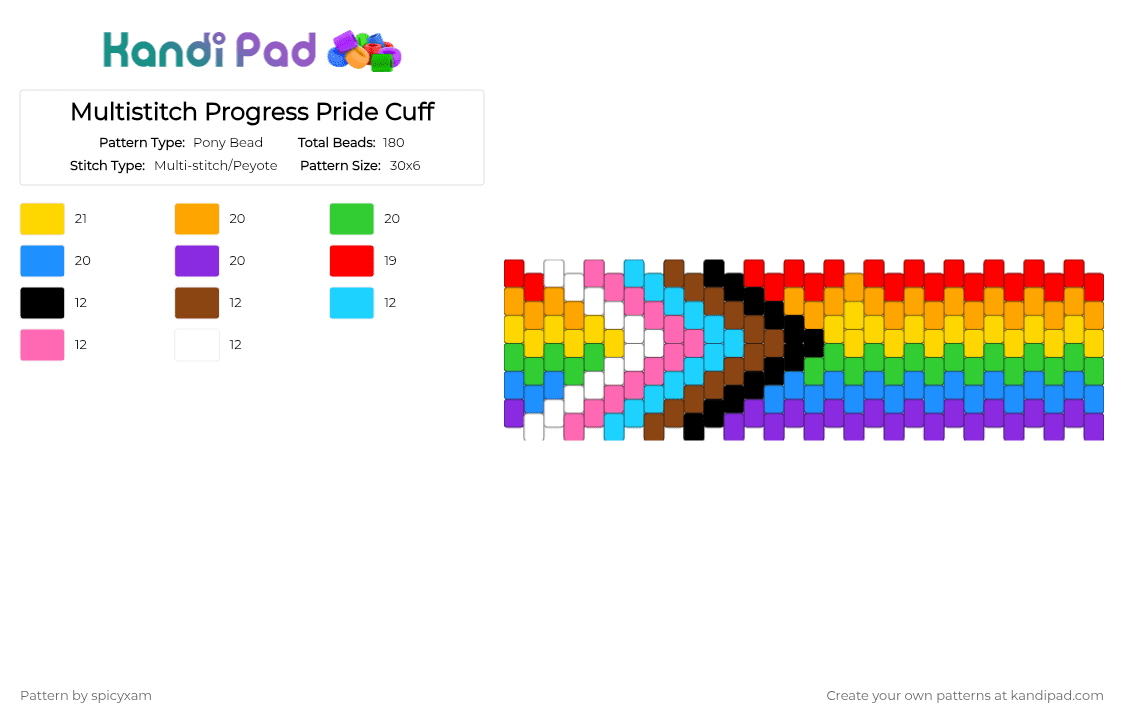 Multistitch Progress Pride Cuff - Pony Bead Pattern by spicyxam on Kandi Pad - orange,green,purple,colorful,pride,rainbow,progress pride,multistitch