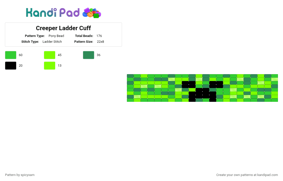 Creeper Ladder Cuff - Pony Bead Pattern by spicyxam on Kandi Pad - green
