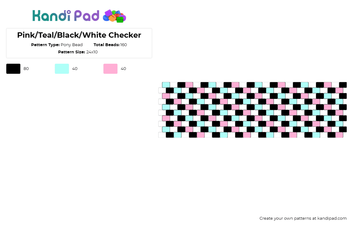 Pink/Teal/Black/White Checker - Pony Bead Pattern by deleted_user_821642 on Kandi Pad - stripes,geometric,checker,cuff,playful,stylish,classic,twist,pink,teal