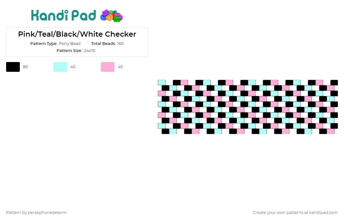 Pink/Teal/Black/White Checker - Pony Bead Pattern by deleted_user_821642 on Kandi Pad - stripes,geometric,checker,cuff,playful,stylish,classic,twist,accessory,pink,teal