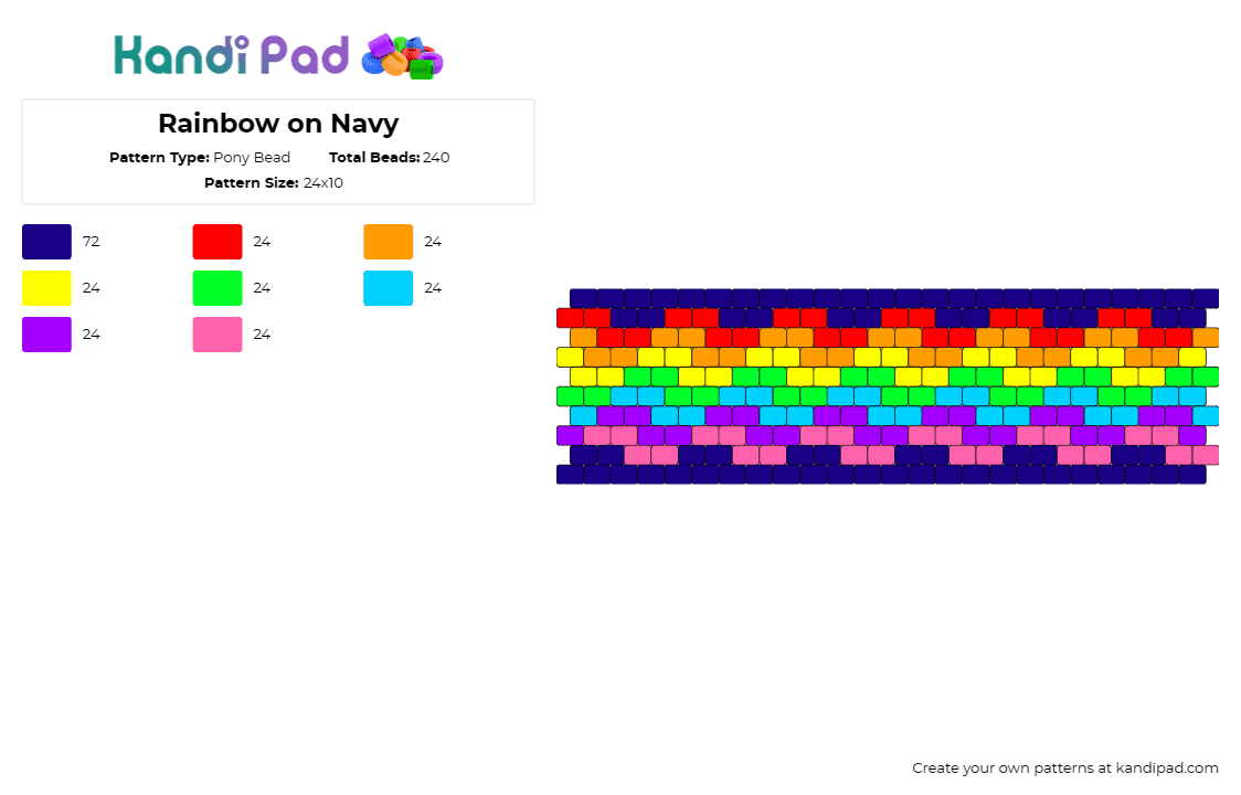 Rainbow on Navy - Pony Bead Pattern by deleted_user_821642 on Kandi Pad - rainbow,colorful,cuff,joy,vibrant,spectrum,cheerful,celebration,navy