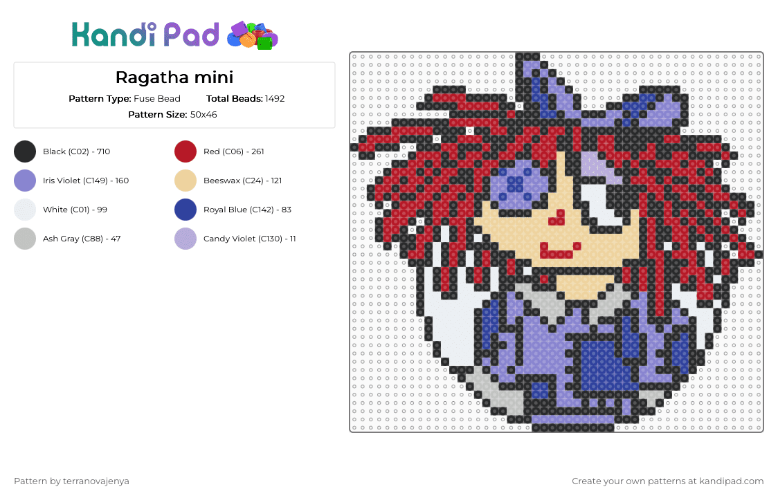 Ragatha mini - Fuse Bead Pattern by terranovajenya on Kandi Pad - black,blue,red,beige