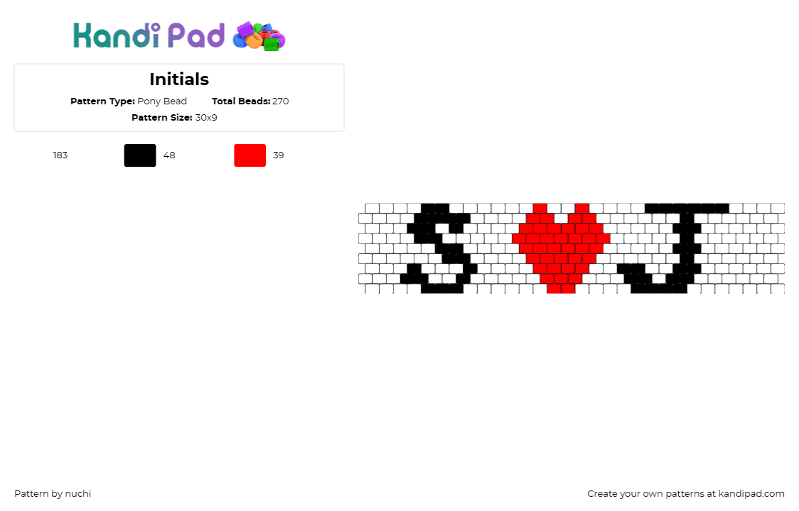 Initials - Pony Bead Pattern by nuchi on Kandi Pad - initials,text,love,heart,cuff,white,red