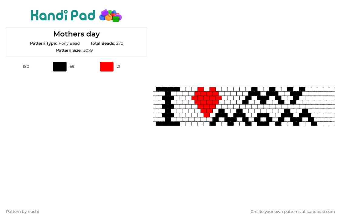 Mothers day - Pony Bead Pattern by nuchi on Kandi Pad - mom,text,mothers day,love,heart,cuff,red,black,white