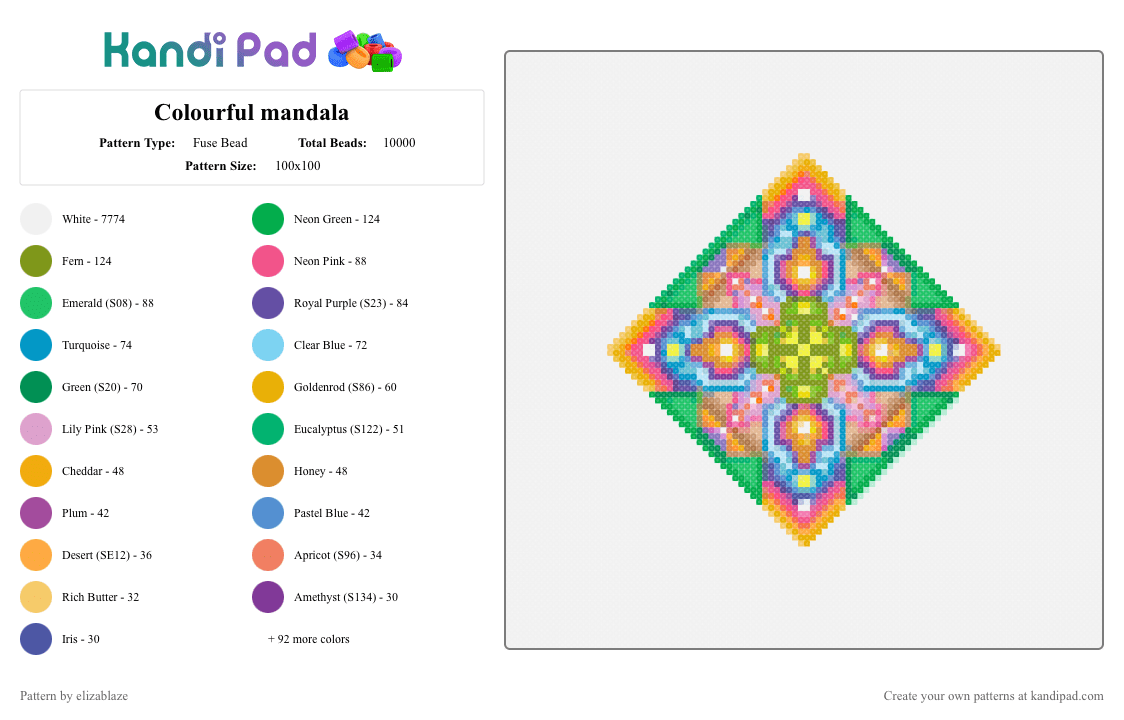 Colourful mandala - Fuse Bead Pattern by elizablaze on Kandi Pad - colorful, gold, green, light blue, orange, pink, white