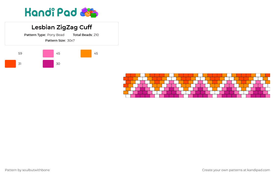 Lesbian ZigZag Cuff - Pony Bead Pattern by soulbutwithbone on Kandi Pad - zig zag,lesbian,pride,geometric,community,support,triangles,cuff,pink,orange