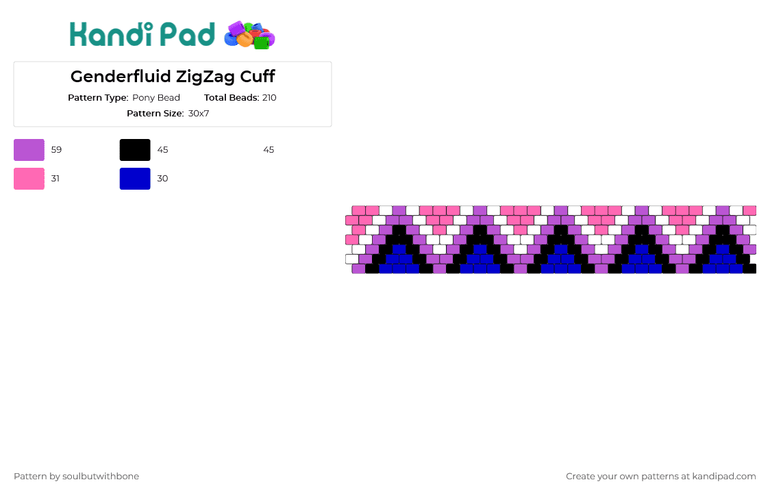 Genderfluid ZigZag Cuff - Pony Bead Pattern by soulbutwithbone on Kandi Pad - zig zag,genderfluid,pride,geometric,community,support,triangles,cuff,pink,blue,purple