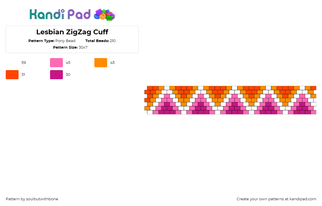 Lesbian ZigZag Cuff - Pony Bead Pattern by soulbutwithbone on Kandi Pad - zig zag,lesbian,pride,geometric,community,support,triangles,cuff,pink,orange