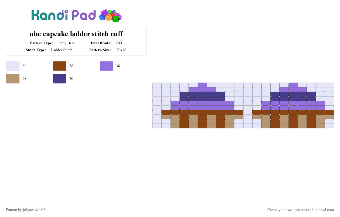 ube cupcake ladder stitch cuff - Pony Bead Pattern by jolyneswife08 on Kandi Pad - purple,cotdcupcakes,cupcakes,ube,tiktok,food