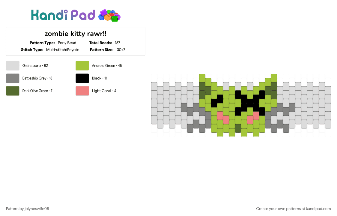 zombie kitty rawr!! - Pony Bead Pattern by jolyneswife08 on Kandi Pad - animal, cat, cotdzombies, gray, green, scary, white, zombie, zombie cat