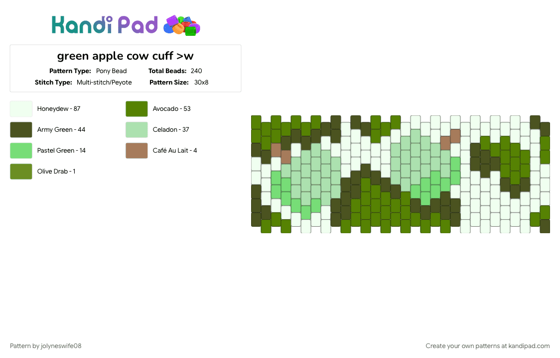 green apple cow cuff - Pony Bead Pattern by jolyneswife08 on Kandi Pad - animal, apple, cow, farm, food, fruit, green, green apple, teal