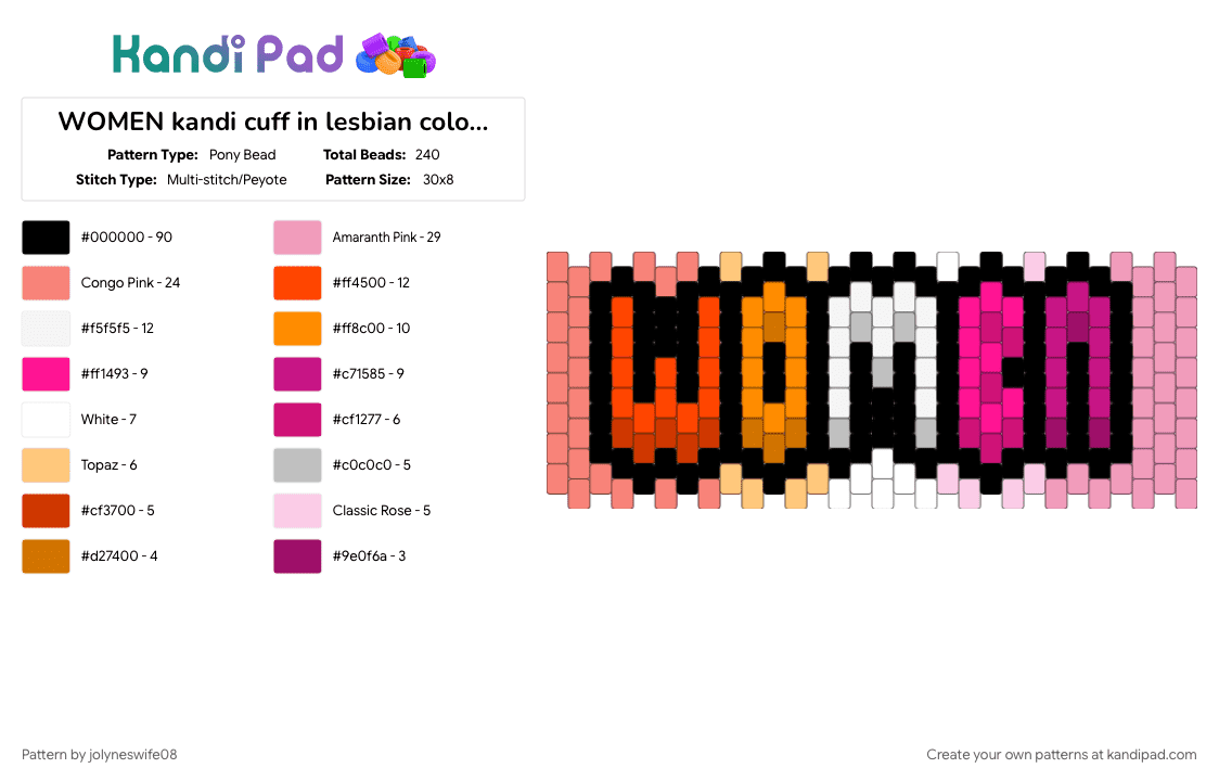 WOMEN kandi cuff in lesbian colors [REMIX] - Pony Bead Pattern by jolyneswife08 on Kandi Pad - gay, lesbian, lgbtq, lgbtqia, orange, pink, pride, women
