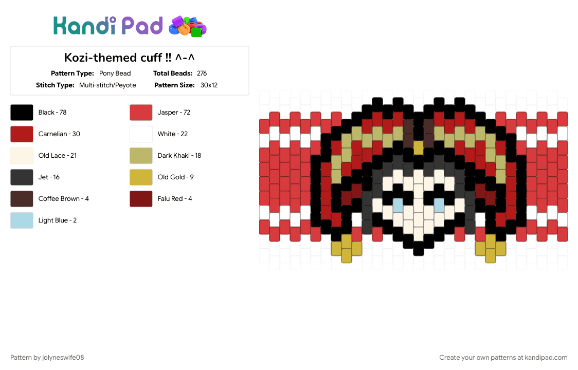 Kozi-themed cuff !! ^-^ - Pony Bead Pattern by jolyneswife08 on Kandi Pad - goth, japanese, jester, kozi, malice mizer, music, red, visual kei, vkei