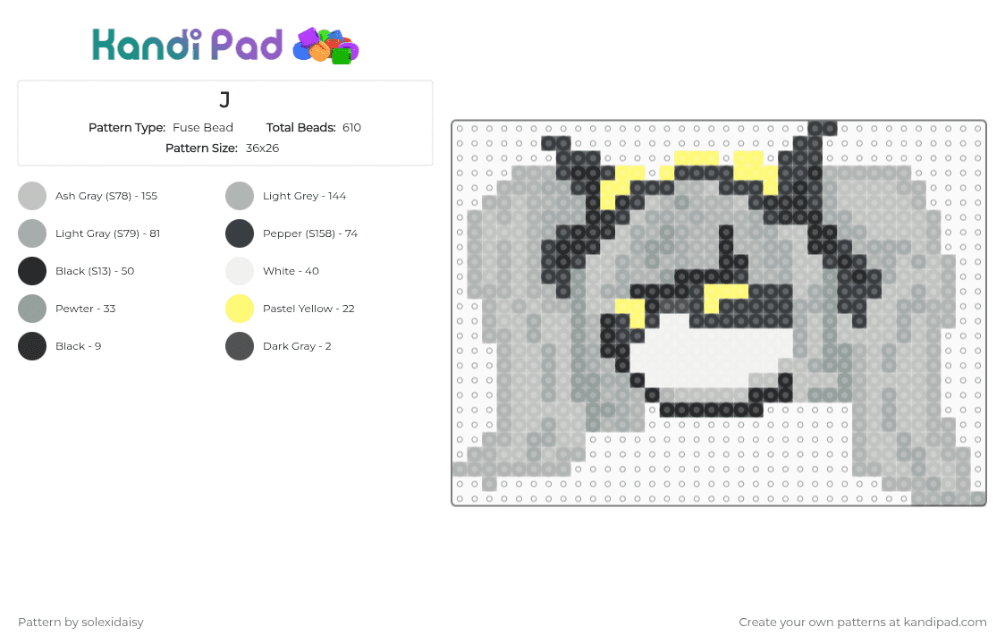 J - Fuse Bead Pattern by solexidaisy on Kandi Pad - beige, fuse beads, gray, j, j murder drones, murder drones, murder drones j, yellow
