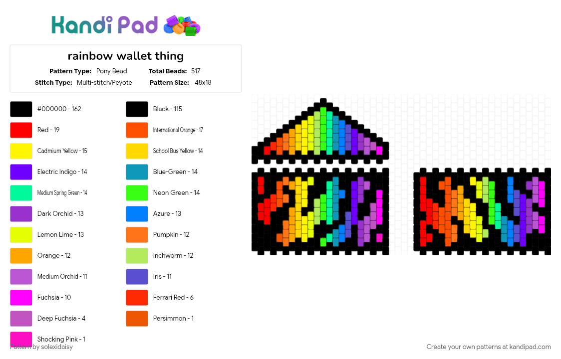 rainbow wallet thing - Pony Bead Pattern by solexidaisy on Kandi Pad - black, colorful, green, orange, purple, rainbow, rainbows, stripes, wallet, yellow